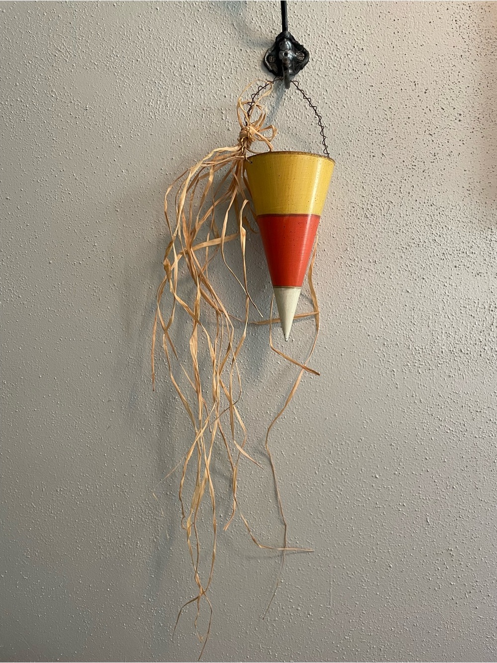 Halloween Fall Candy Corn Colored Metal Cone Wall or Hook Hanger Hanging Decor